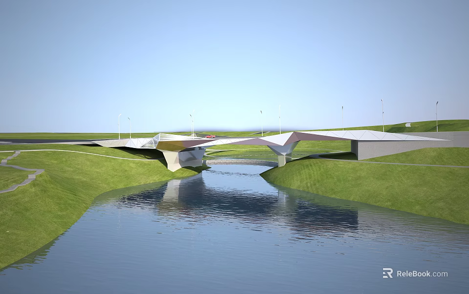 Modern Landscape Bridge Design Over River With Green Grass And Water Reflection 3d model 