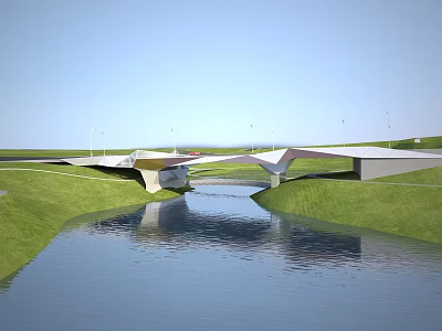 Modern Landscape Bridge Design Over River With Green Grass And Water Reflection 3d model