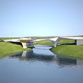Modern Landscape Bridge Design Over River With Green Grass And Water Reflection