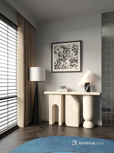 Modern Entryway Console Cabinet With Framed Artwork Floor Lamp And Window Blinds 3d model