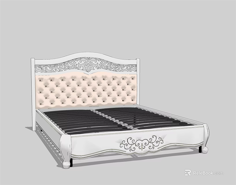 Elegant White Double Bed with Tufted Upholstered Headboard and Carved Frame 3d model