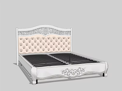 Elegant White Double Bed with Tufted Upholstered Headboard and Carved Frame 3d model