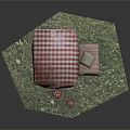 Outdoor Grass Setting With Red White Checkered Table Bench And Fruit Baskets