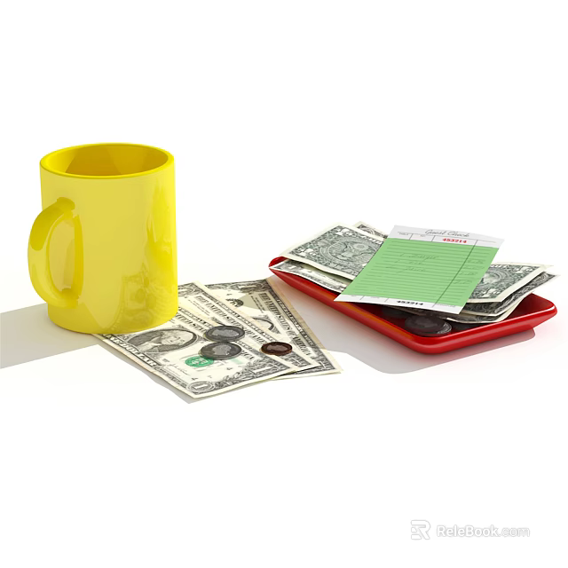 Yellow Mug With Dollar Bills Coins And Receipts On Red Tray 3d model 