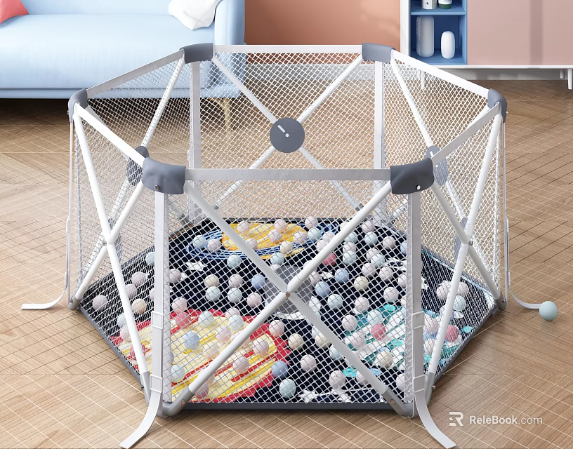 Hexagonal Baby Playpen With Colorful Balls On Wooden Floor Indoor Safe Design 3d model 