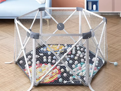 Hexagonal Baby Playpen With Colorful Balls On Wooden Floor Indoor Safe Design 3d model