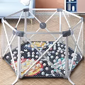 Hexagonal Baby Playpen With Colorful Balls On Wooden Floor Indoor Safe Design