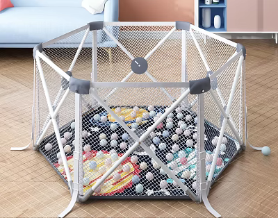 Hexagonal Baby Playpen With Colorful Balls On Wooden Floor Indoor Safe Design 3d model