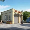 European Architecture Waste Transfer Station With Trees Pedestrians And Garbage Truck