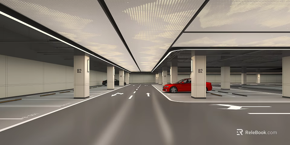 Indoor Parking Garage Interior With Driveway Parking Lines Directional Arrows And Red Car 3d model 