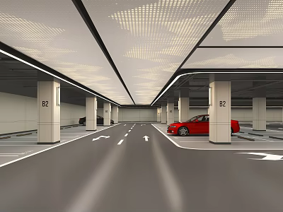 Indoor Parking Garage Interior With Driveway Parking Lines Directional Arrows And Red Car 3d model