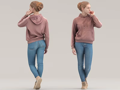 Woman in pink hoodie FRP printed on back blue jeans brown shoes front back view 3d model