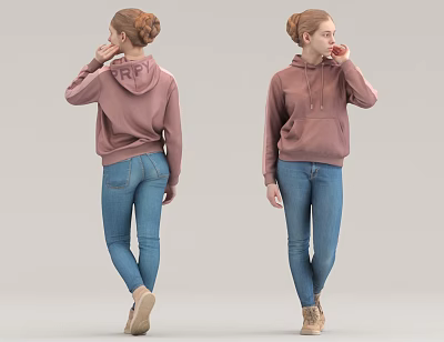 Woman in pink hoodie FRP printed on back blue jeans brown shoes front back view 3d model
