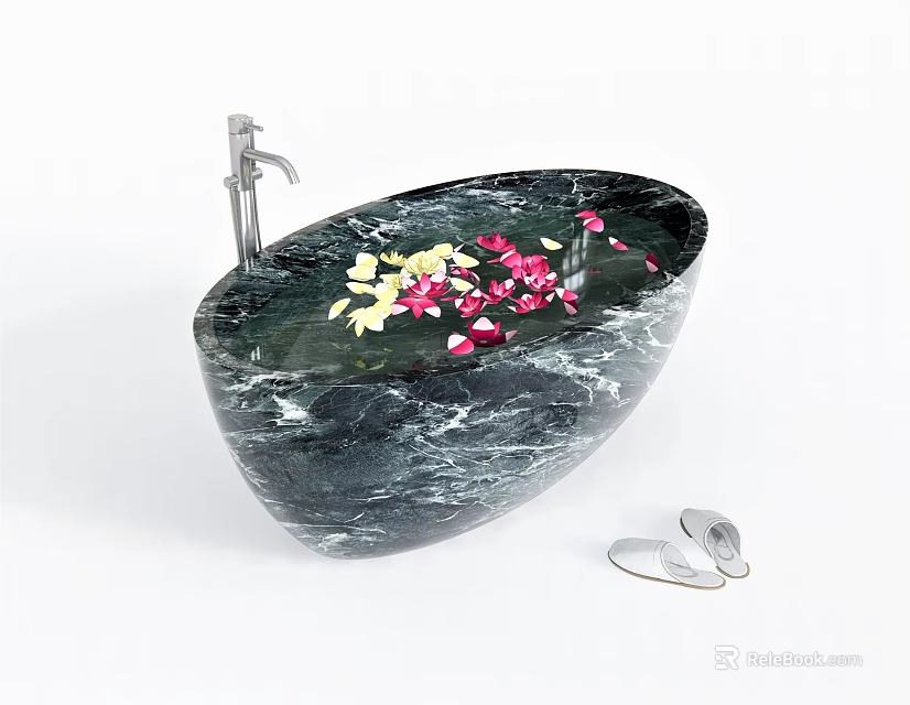 Black Marble Oval Bathtub With Yellow Pink Flower Petals Silver Faucet And Slippers 3d model 
