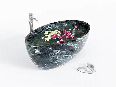 Black Marble Oval Bathtub With Yellow Pink Flower Petals Silver Faucet And Slippers 3d model