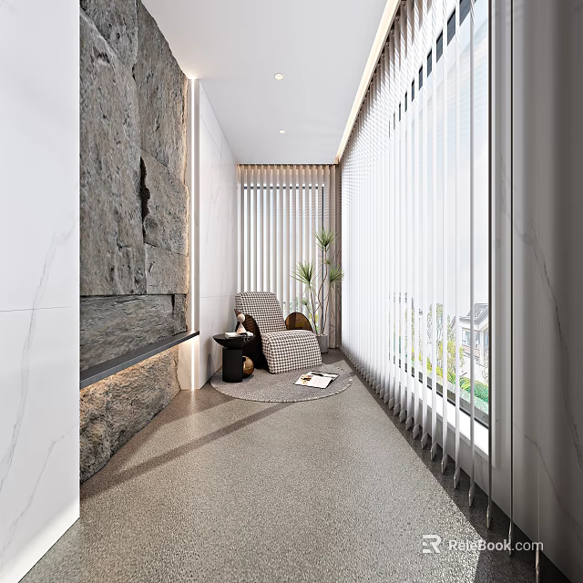 Elegant Home Balcony Interior With Vertical Blinds Armchair Potted Plant And Textured Floor 3d model 