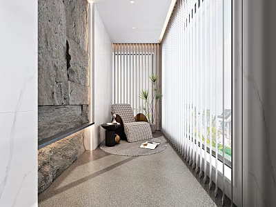 Elegant Home Balcony Interior With Vertical Blinds Armchair Potted Plant And Textured Floor 3d model