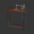 Vintage Industrial Sewing Machine with Red Tabletop Black Metal Stand and Metal Grid Shelf 3d model