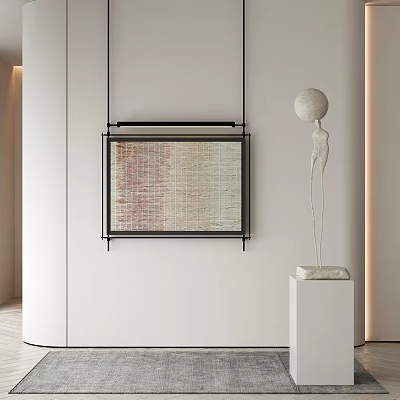 Modern Interior Wall With Black Frame Textured Painting And White Sculpture Pedestal 3d model