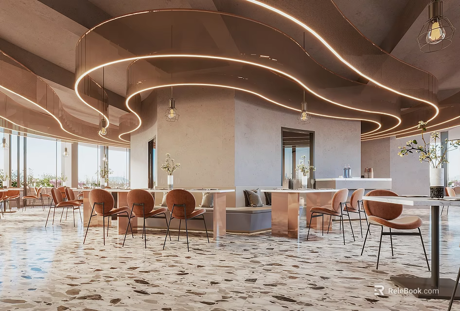 Modern Café Interior Design With Curved Ceiling Lights Brown Chairs And Marble Floor 3d model 