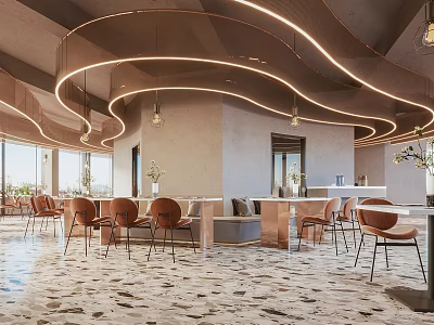 Modern Café Interior Design With Curved Ceiling Lights Brown Chairs And Marble Floor 3d model