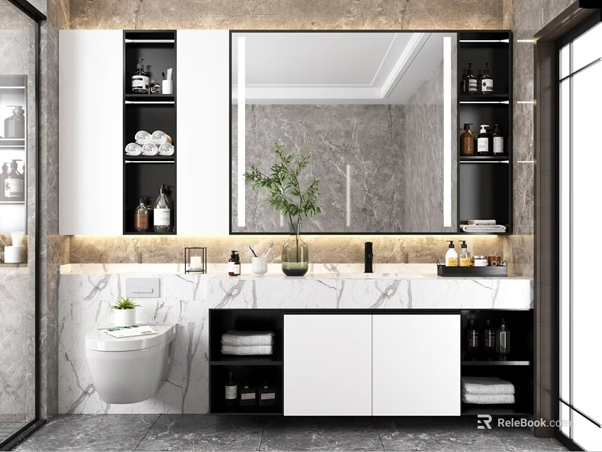 Modern Sleek Bathroom With Large Mirror And Ample Built In Storage Marble Vanity Design 3d model 
