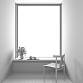 Bay Window Area With Wooden Windowsill Blue Flowers Tea Set Wooden Chair And Tree Branches Outside