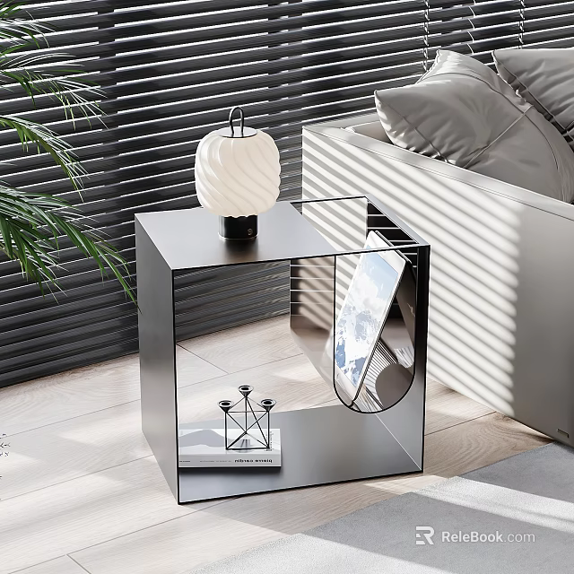 Modern Glass Metal Side Table With Geometric Table Lamp And Sofa In Natural Light Shadow 3d model 