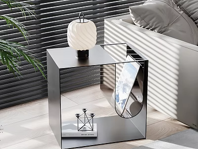 Modern Glass Metal Side Table With Geometric Table Lamp And Sofa In Natural Light Shadow 3d model