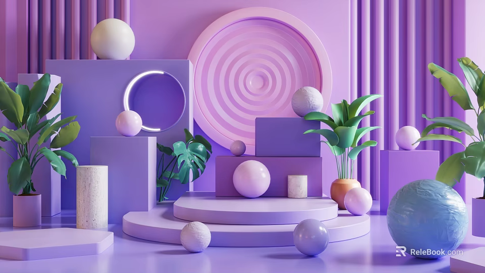 Modern Purple Geometric Decorative Display Setup With Spheres Plants And Platforms 3d model 