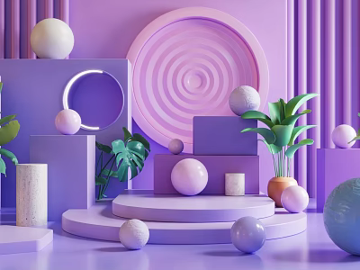 Modern Purple Geometric Decorative Display Setup With Spheres Plants And Platforms 3d model