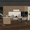 Modern Restaurant Open Kitchen Design With Island Counter Cabinets And Dining Chairs