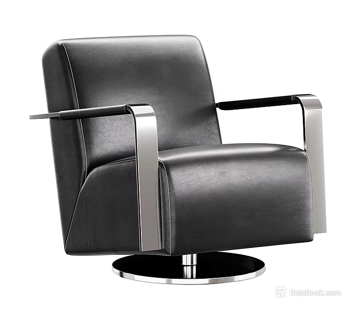 Modern Black Leather Single Sofa With Metal Armrests And Round Base 3d model 