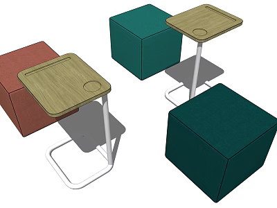Modern Wooden Top Side Table With White Metal Frame And Colorful Cube Seats 3d model
