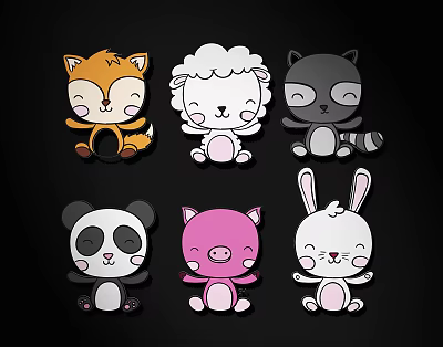 Cute Cartoon Animal Wall Decor With Fox Sheep Raccoon Panda Pig Rabbit On Black Background 3d model