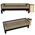 Traditional Chinese Daybed With Black Wooden Frame Beige Upholstered Cushion And Side Gold Tea Table