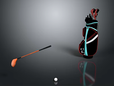 Modern Golf Gear Display With Orange Driver Club White Ball And Black Bag 3d model