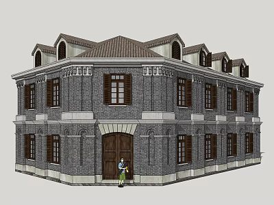 Historic Commercial Complex With Gray Brick Walls Brown Roof And Arched Windows 3d model