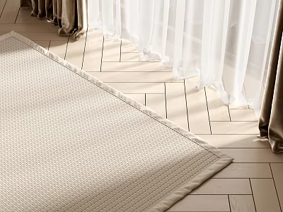 Square Beige Woven Rug On Wooden Floor With Curtains And Natural Light 3d model