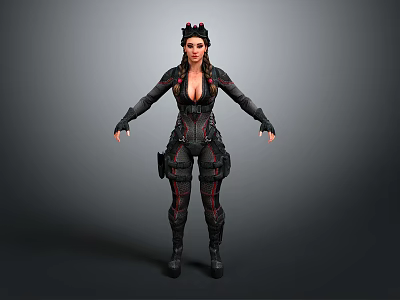 Game Movie Female Character in Black Red Fitted Combat Suit With Braided Pigtails And Headgear 3d model