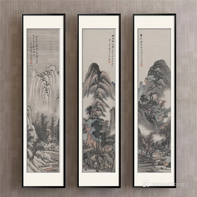 Traditional Chinese Landscape Painting Three Panel Scrolls With Mountains Rivers And Trees 3d model 