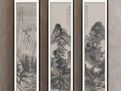 Traditional Chinese Landscape Painting Three Panel Scrolls With Mountains Rivers And Trees 3d model