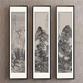 Traditional Chinese Landscape Painting Three Panel Scrolls With Mountains Rivers And Trees