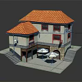 Two Story Building with Orange Roof Red Windows White Walls Porch Umbrellas and Stairs