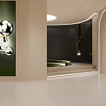 Modern Beauty Salon Interior With Curved Arched Doorway Colorful Lighting And Green Seating
