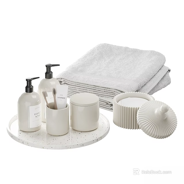 Minimalist White Laundry Essentials Including Towels Hand Wash Bottles And Lidded Containers 3d model 