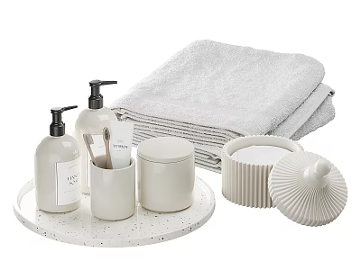 Minimalist White Laundry Essentials Including Towels Hand Wash Bottles And Lidded Containers 3d model