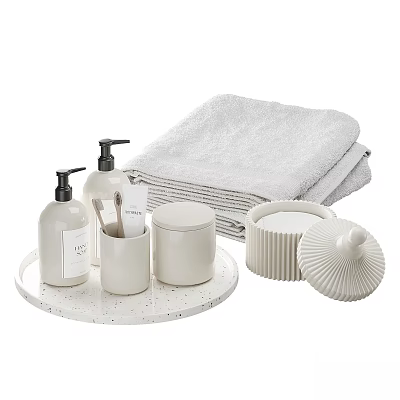Minimalist White Laundry Essentials Including Towels Hand Wash Bottles And Lidded Containers 3d model