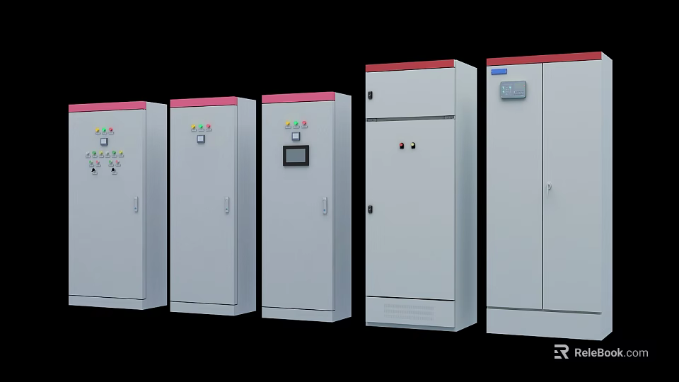 Industrial Electrical Control Cabinets With Gray Body Red Top And Control Panels 3d model 