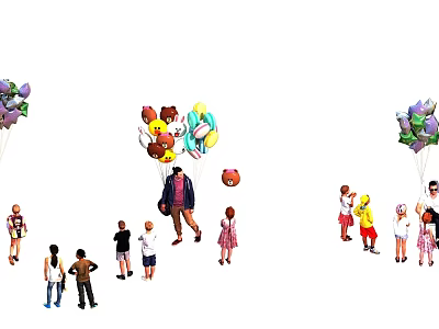 Many People Holding Colorful Balloons and Teddy Bears in Joyful Outdoor Scene 3d model